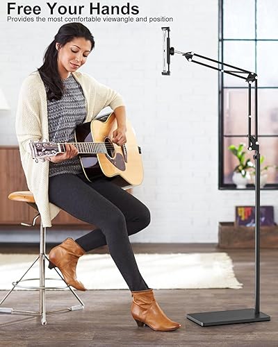 Miniatura 3 de Soporte de suelo para tablet con base estable de 11 libras y abrazadera de escritorio, brazo giratorio de altura ajustable, compatible con iPhone,