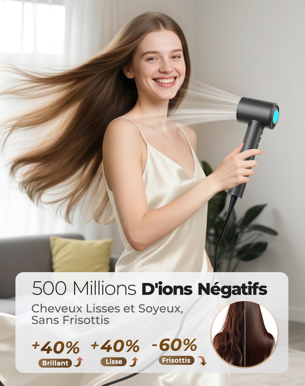 Haokoo Seche cheveux Professionnel Ionique 150000TR/Min | Séchage Rapide 5X, 500M Ions Anti-Frisottis, 8 Températures LED, Contrôle Intelligent Anti-Surchauffe, Léger & Silencieux