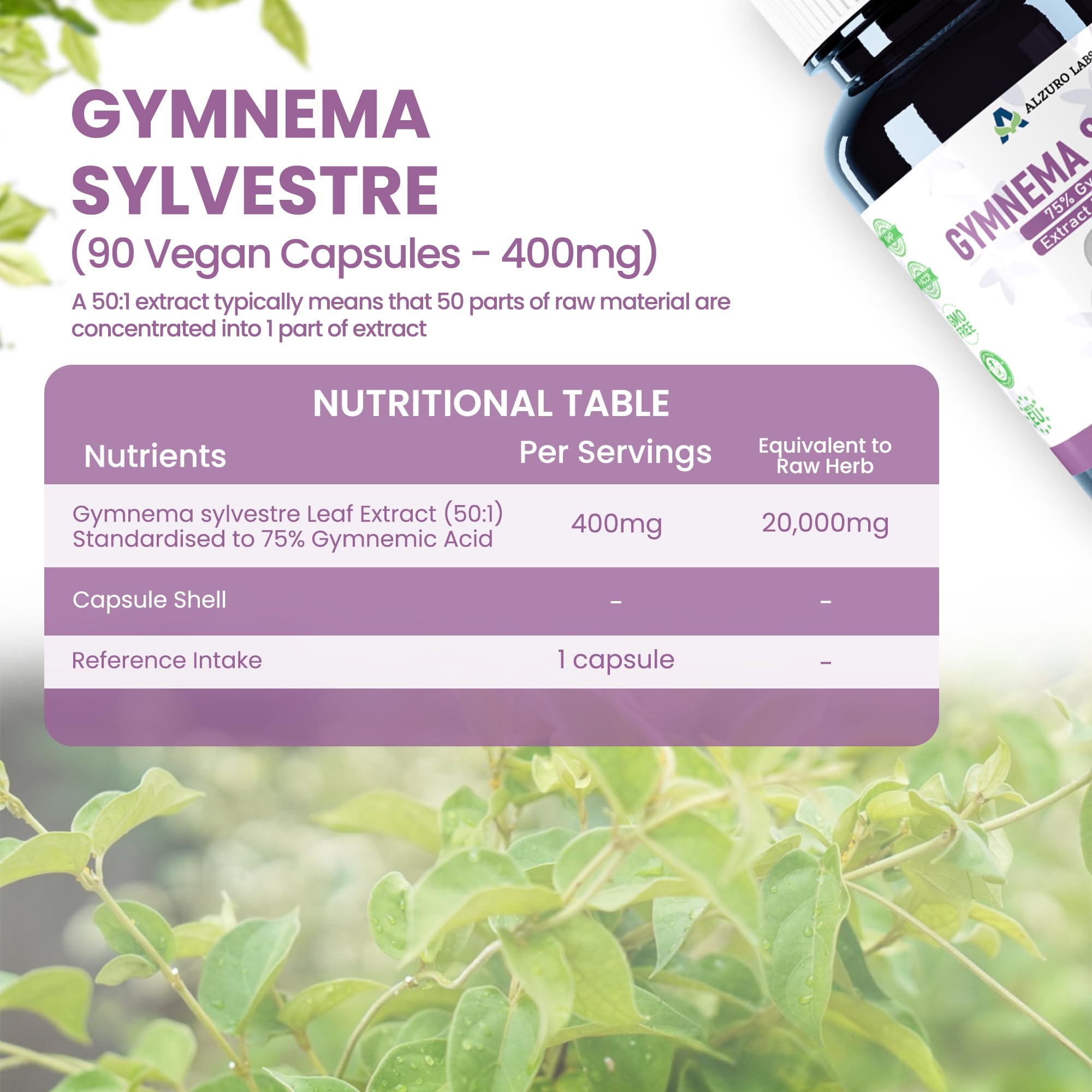 Gymnema Sylvestre | 20 000mg | Extrait 50:1 (400mg) (75% Acide Gymnémique) | 90 Gélules Véganes | GMP & Testé en Laboratoire Indépendant