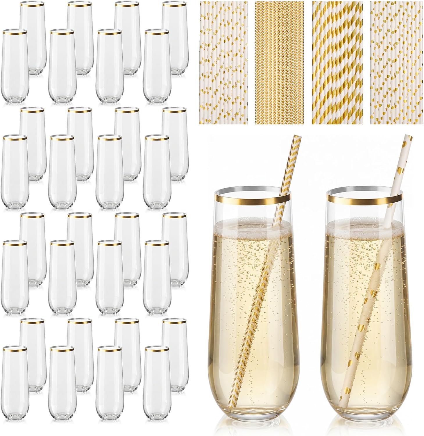 Suclain Mimosa Bar Supplies 36 Pcs 9oz Plastic Champagne Flutes 50 Pcs Gold Paper Straws Plastic Champagne Glasses Shatterproof for Party Wedding Bridal Birthday Holiday