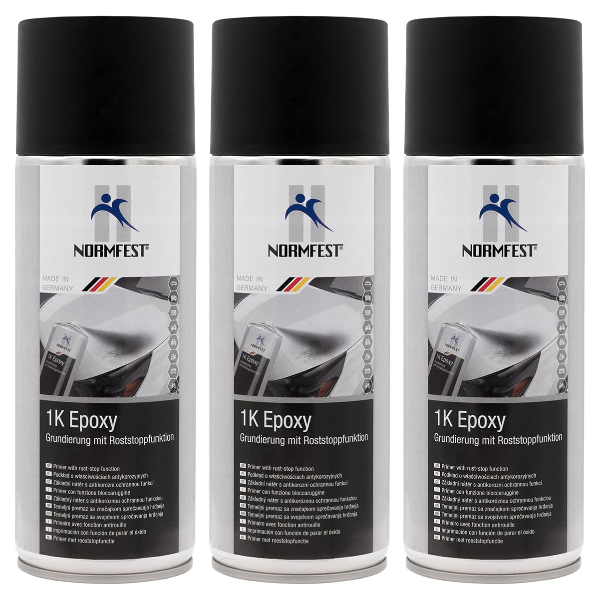 Normfest 1K Epoxy Grundierung Schwarz – Rostschutz & Haftvermittler für Stahl, Aluminium & verzinkte Flächen – schnelltroc., schleifbar & überlackierbar – professioneller Korrosionsschutz – 3x 400 ml