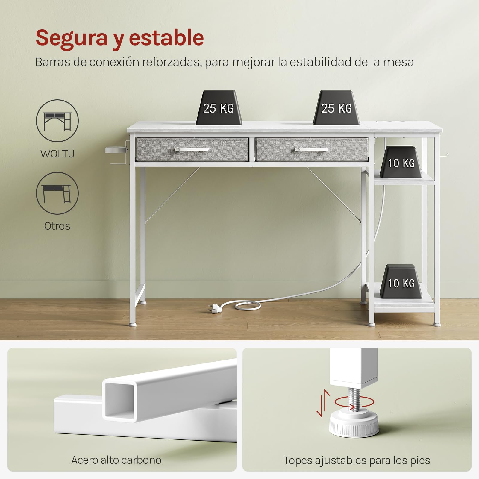 WOLTU Mesa Escritorio con 2 Cajones y 2 Estanterías, Puerto USB Tipo C y Estación de Carga, Portavasos y Gancho, para Estudio y Oficina, 120x51x75 cm, Blanco