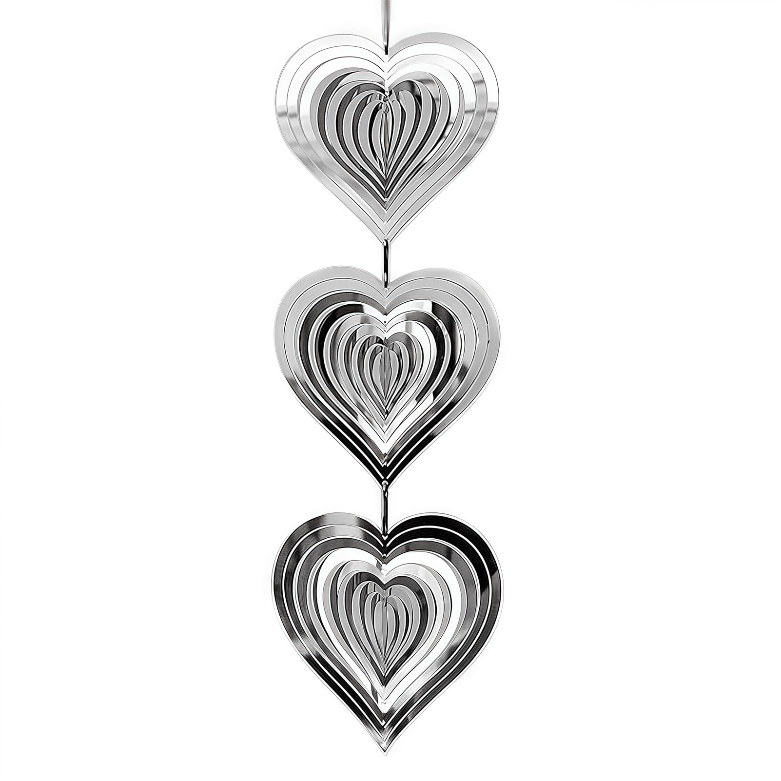 3D Stainless Steel Wind Spinner, Silver Reflective Heart Garden Ornaments Outdoor Indoor