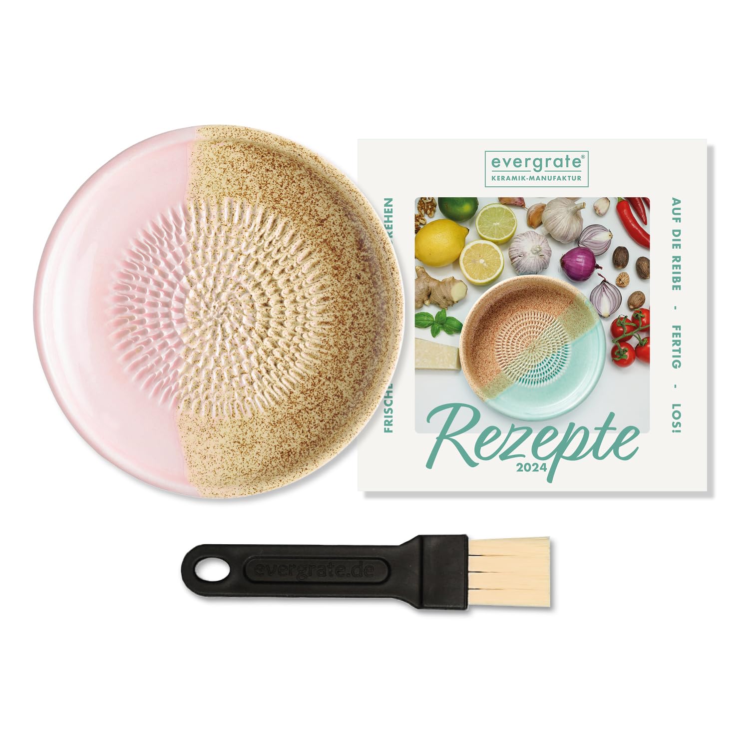 evergrate Keramikreibe im Motiv Flower mit Küchenpinsel und Rezeptheft