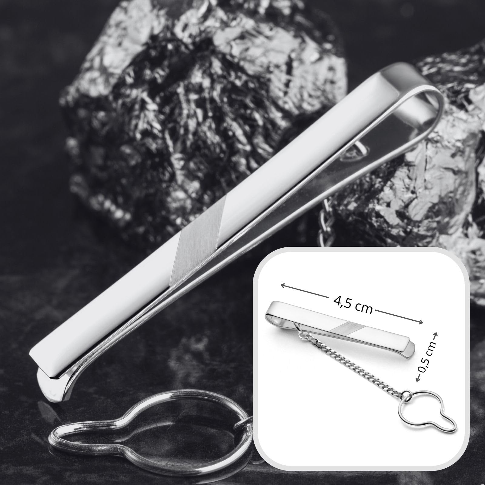 Spilla Per Cravatta Da Uomo In Argento 925 Con Design Spazzolato E Catena Di Sicurezza