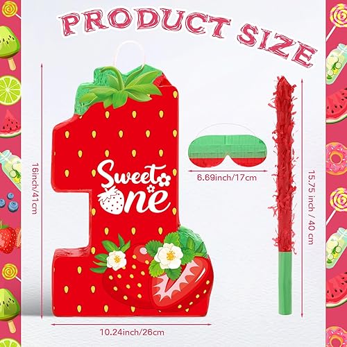 Miniatura 3 de Aoriher Piñata de fresa, piñata de fresa, piñata de fresa de verano con palo, máscara de los ojos vendados, confeti para niñas, tema de fresa,