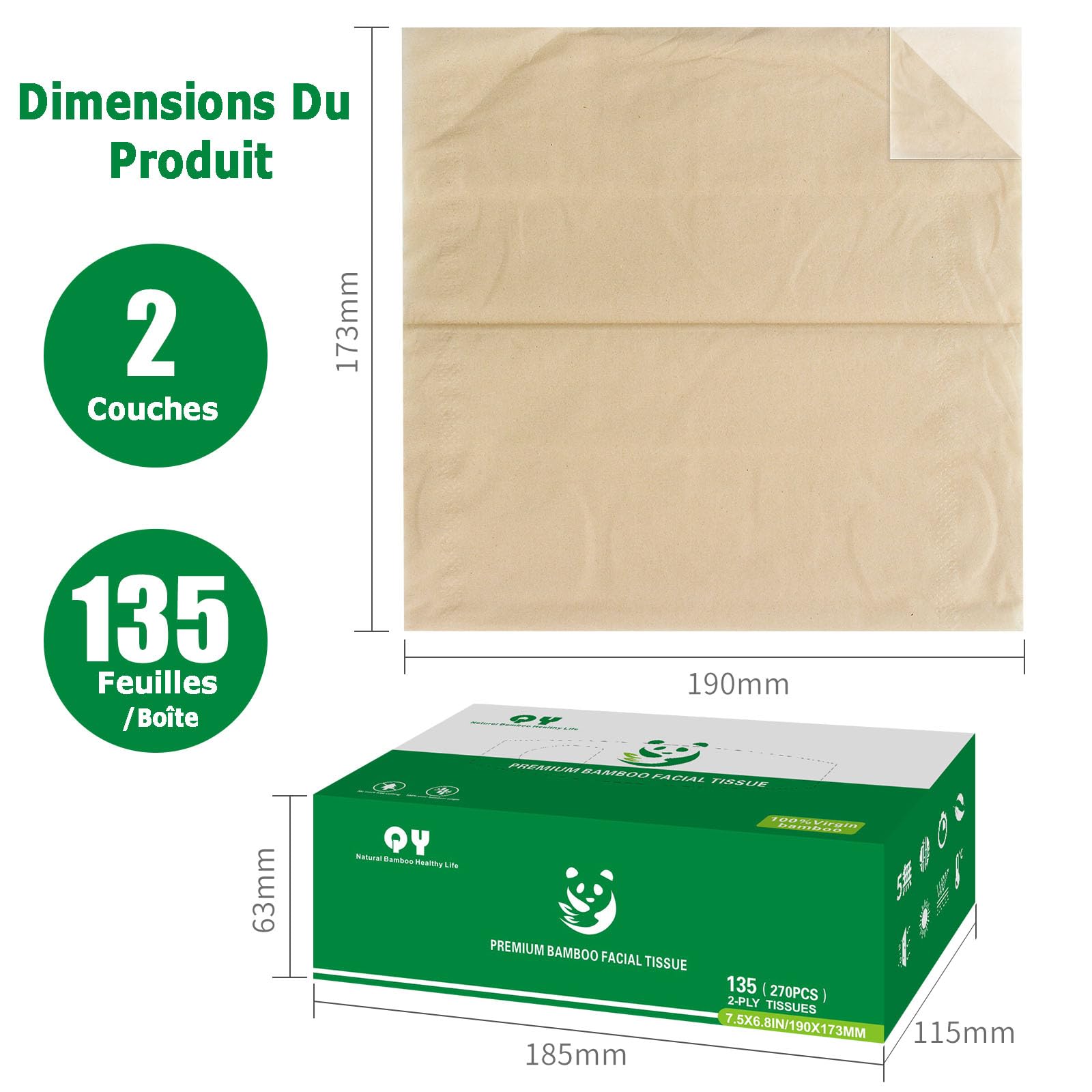 Mouchoirs Papier Boîte | Boîte à Mouchoirs en Bambou | 12 x 135 Mouchoirs | Naturels Non Blanchis | Ultra Doux