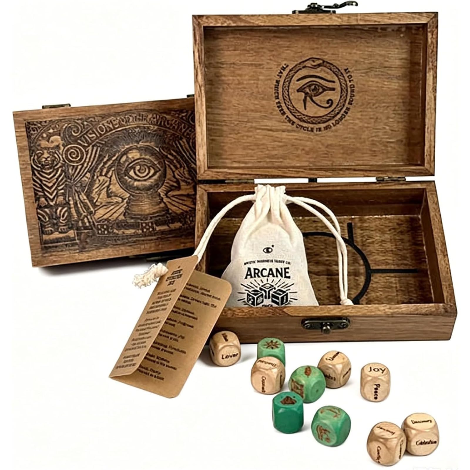 Arcane Divination Dice Set – Engraved Wooden Box, Oracle Dice for Tarot Ritual, Handcrafted Intuition Amplifier, Complete 10-Piece Dice for Deep Symbolic Insight and Daily Guidance (1pc)