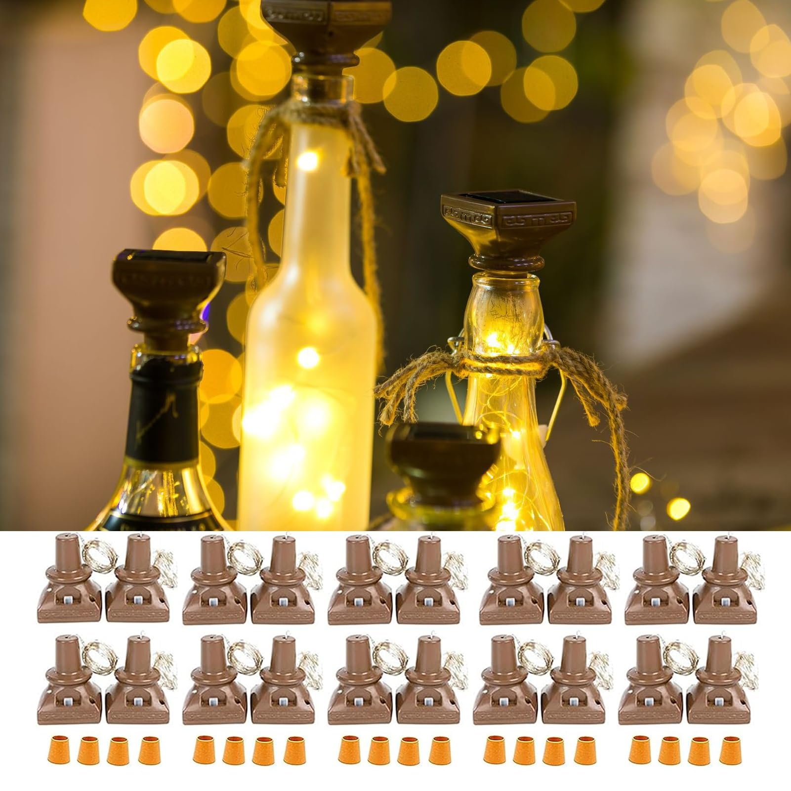 Luci Solari for Bottiglie di Vino 2M 20 LED in Filo di Rame Ghirlanda di Luci for Decorazioni Natalizie for Feste di Matrimonio 12/16/20 Confezioni(Yellow,20pcs)