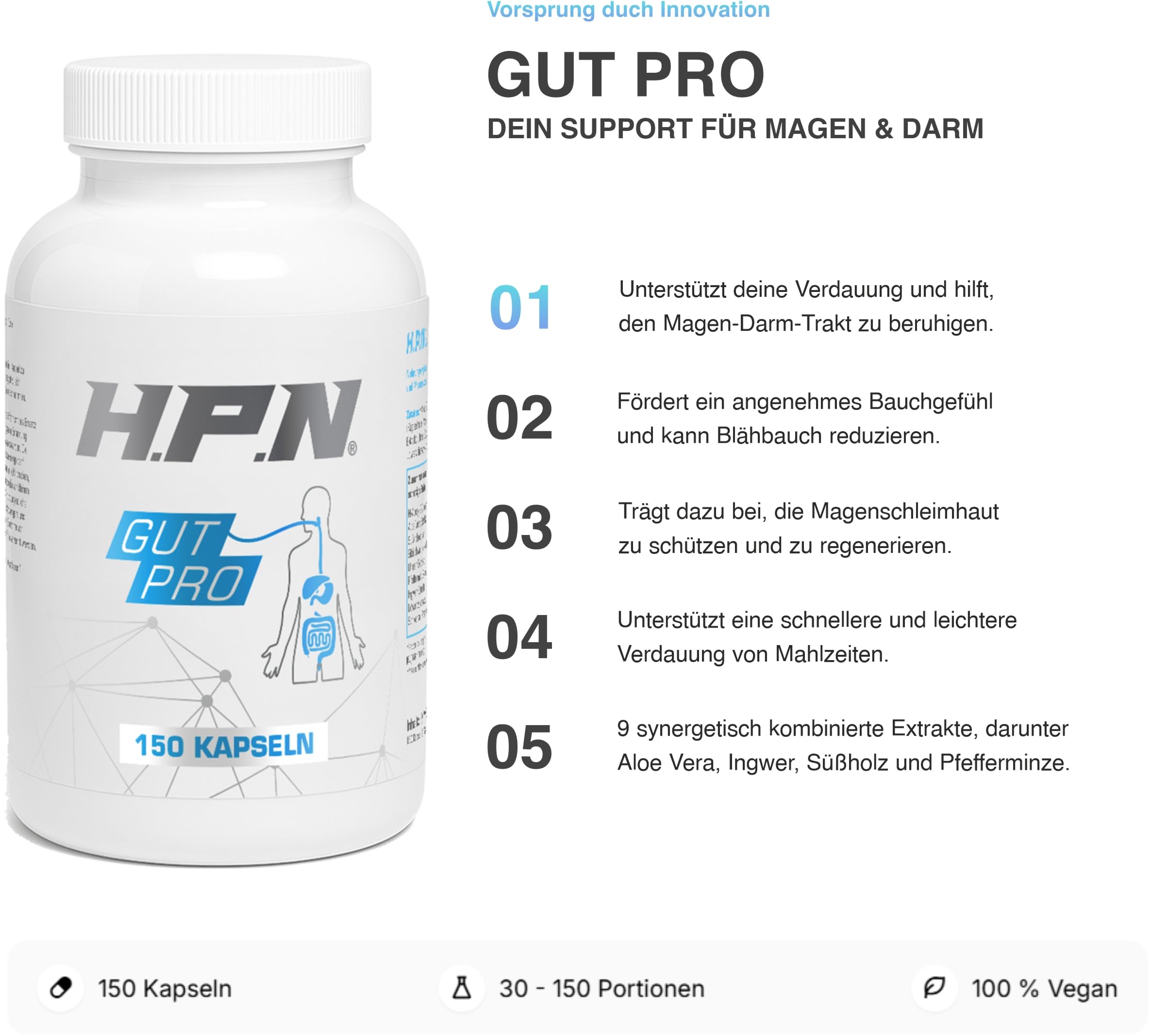 H.P.N - Gut Pro | Unterstützung von Magen, Verdauung & innerem Wohlbefinden | Komplex mit Aloe Vera, Süßholz, Ingwer & 6 weiteren Pflanzenextrakten - 150 Kapseln