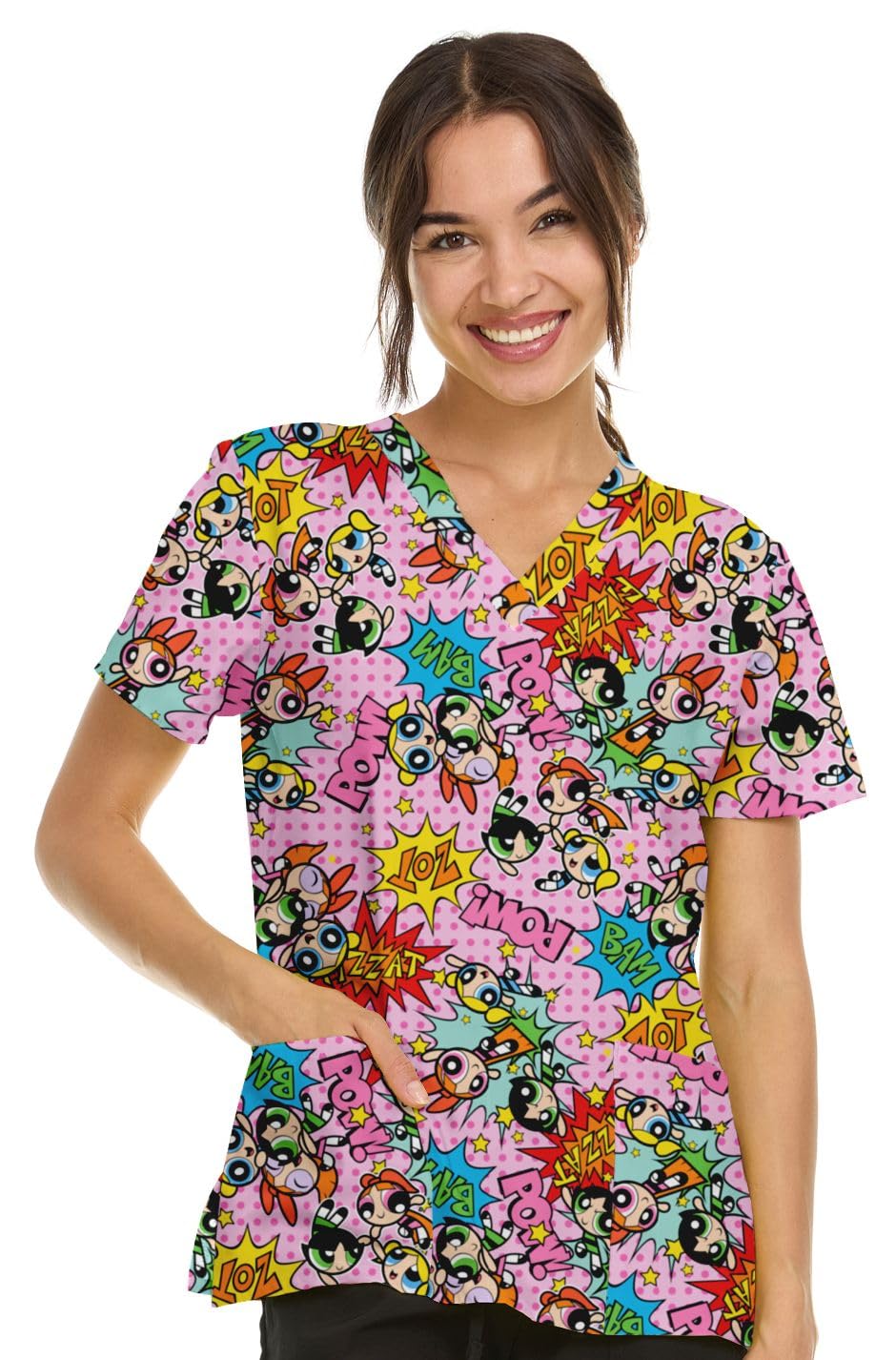 The Powerpuff Girls Women's All Over Print V-Neck Scrub Top with Pockets - Comfortable Work Uniform