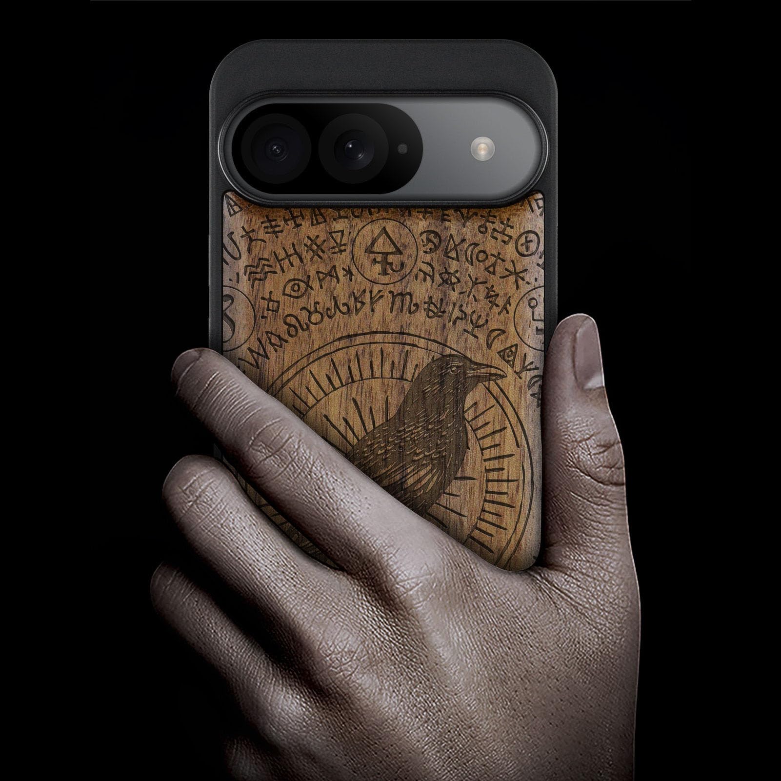 Carveit Wood Case for Pixel 9, Natural Walnut & Black TPU Shockproof Protective Cover, The Haloed Crow, Crow-Walnut - Image 2