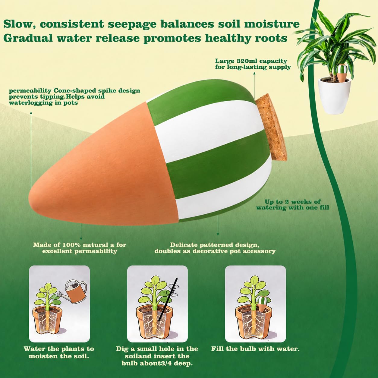 Riego automático para Plantas Interior, Conos de Riego de Terracota 4Pcs, Regadera Plantas, Dispensador de Agua autorriego para macetas-Globos de Riego Goteo para Vacación Balcón (Verde)