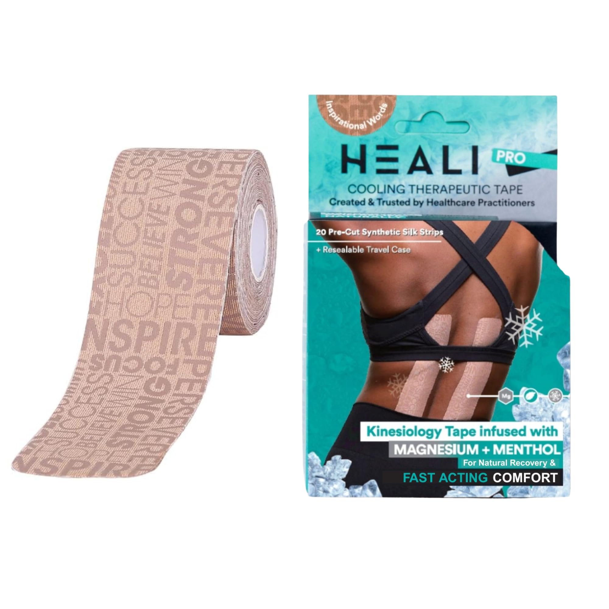 Heali Kinesiology Tape with Magnesium and Menthol, 20 Pcs Precut Strips, K Tape Roll, Knees, Physical Therapy Sports Tape for Knees, Joints & Muscles,