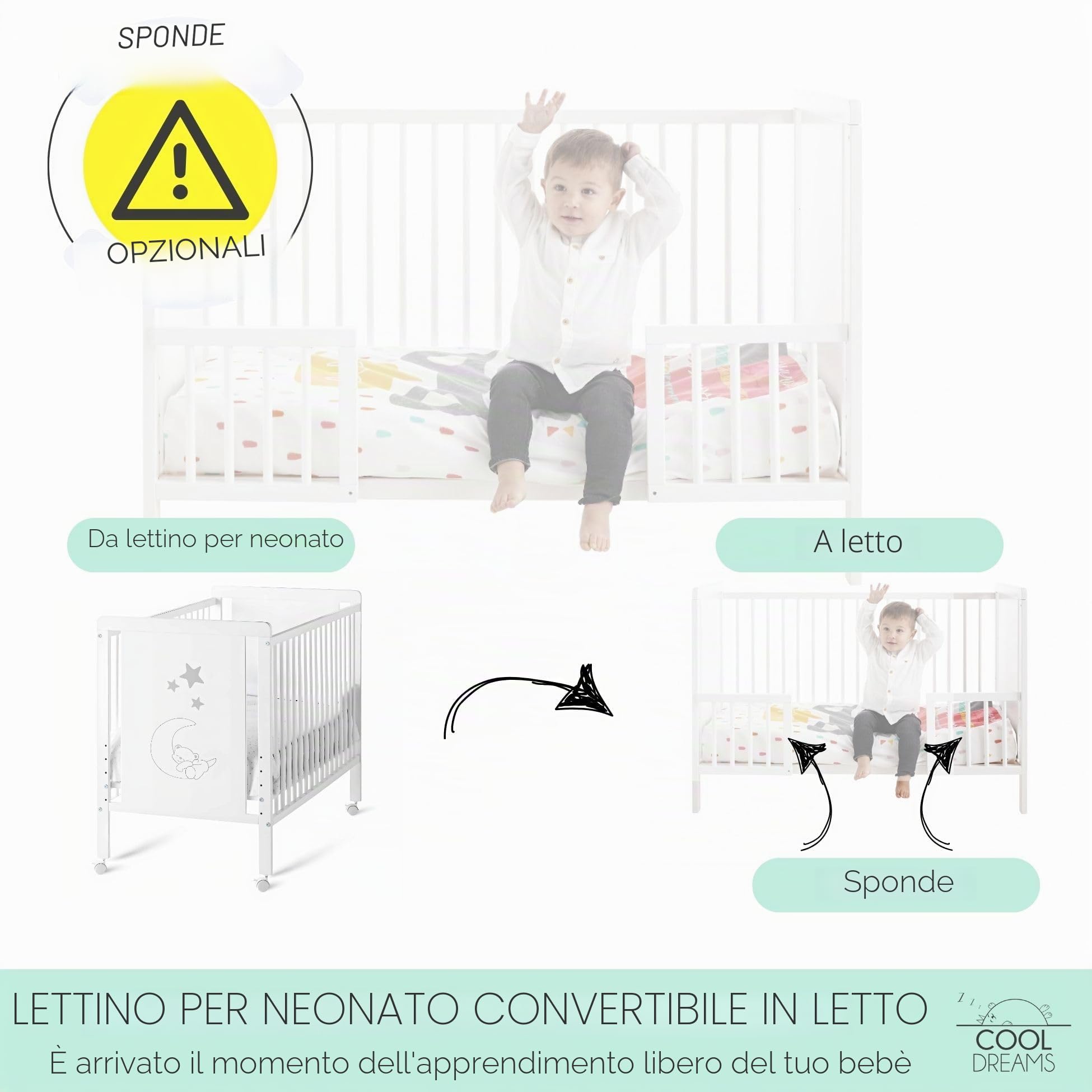 COOL · DREAMS - Indi, Lettino per neonato + kit completo + materasso HR + 4 ruote + tessile
