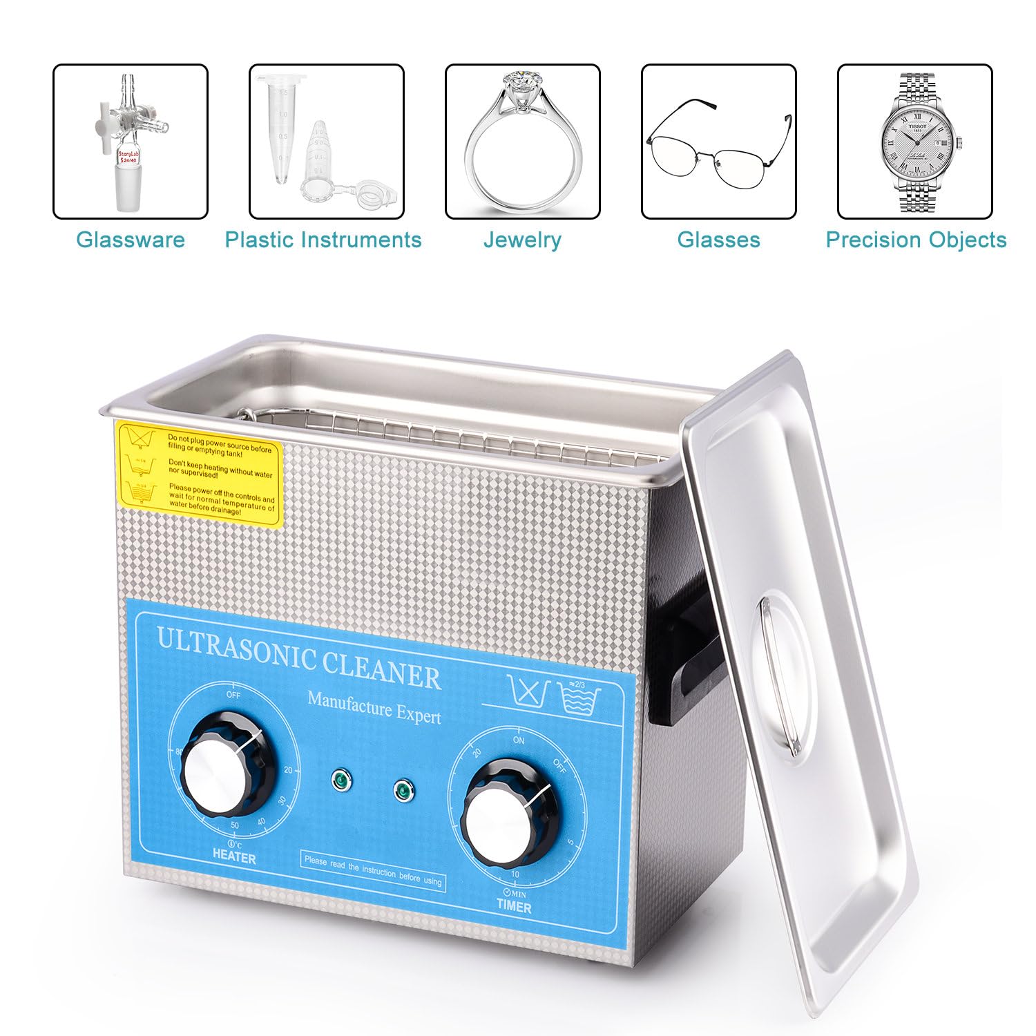 stonylab Limpiador Ultrasónico, Acero Inoxidable 304 limpiadores Ultrasonidos Profesional Multiusos con Panel de Control Mecánico de Calefacción y Temporizador para Laboratorio 40kHz 220V, 3.2L