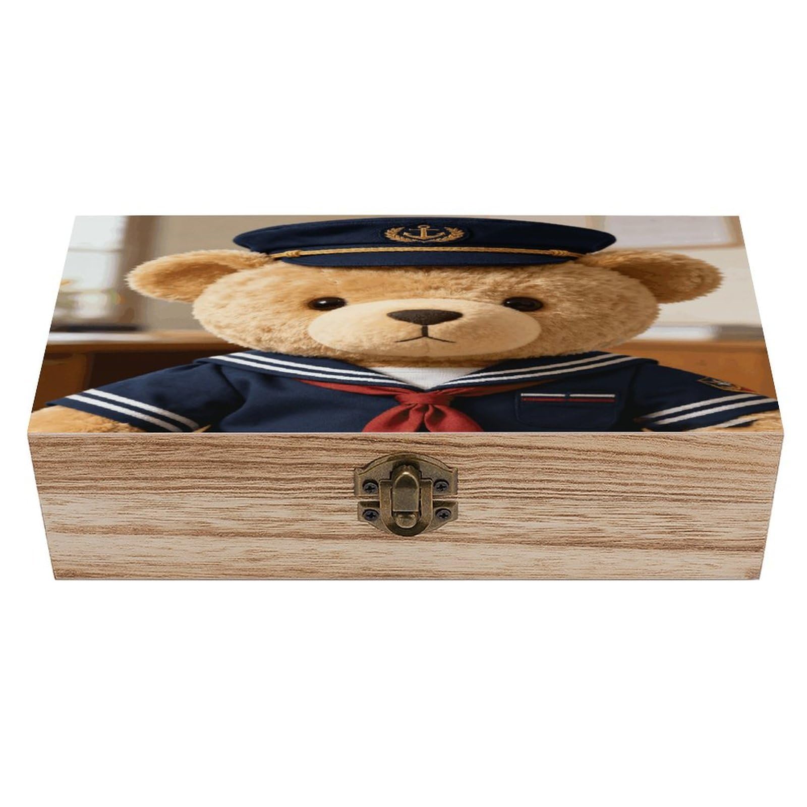 VstaDank Captain Sailing Bear Wooden Storage Box with Hinged Lid Natural Wooden Box Beautifully Keepsake Boxes Vintage Wood Boxes Jewelry Organizer Trinket Storage Chest Unique Gift