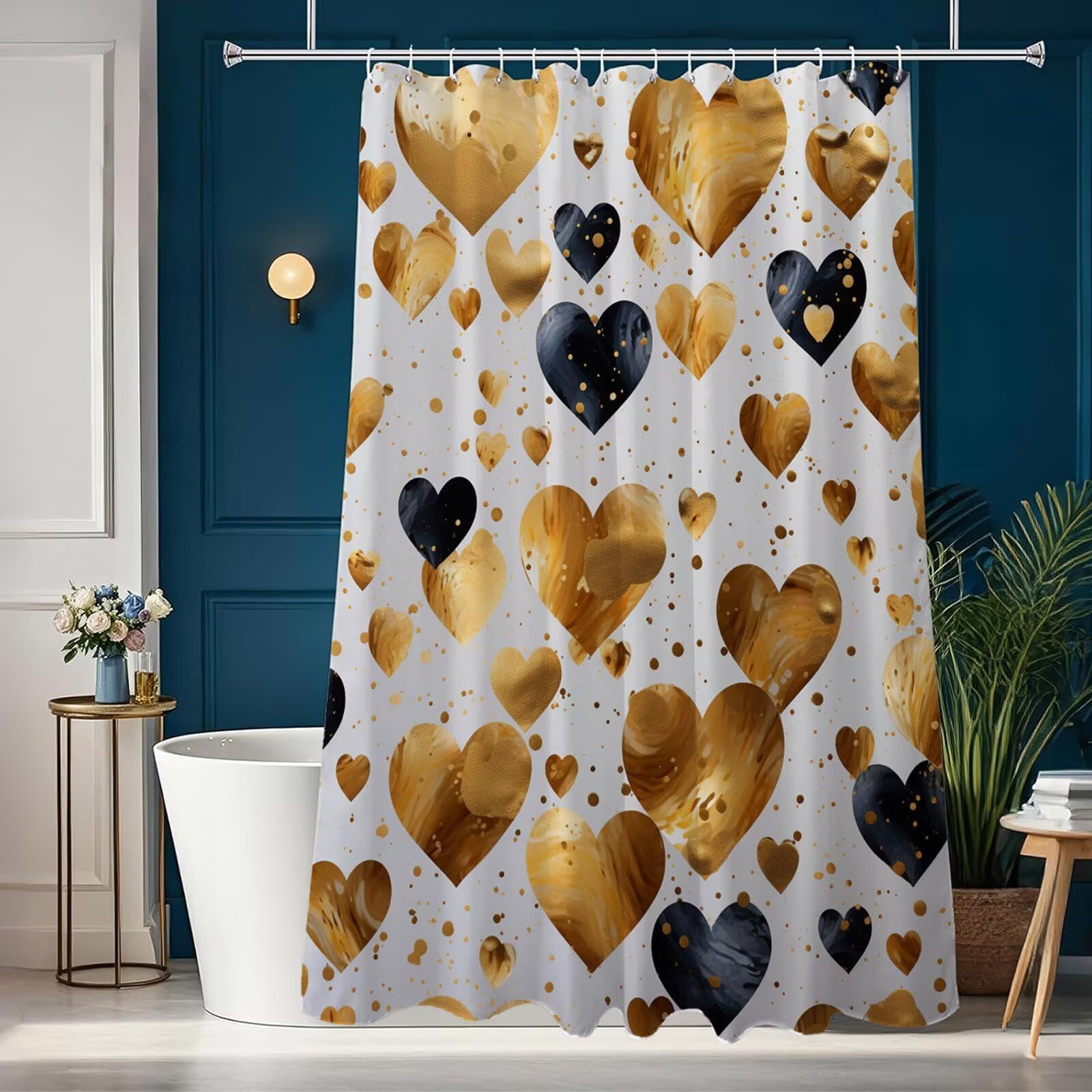 Wasserdichter Duschvorhang Anti-Schimmel 200x240 cm, Waschbar Schnelltrocknend Textil Stoff Polyester Duschvorhang Gold Shower Curtain mit Gewicht und 12 Ringe für Badewanne, Badezimmer, Liebe J8-389