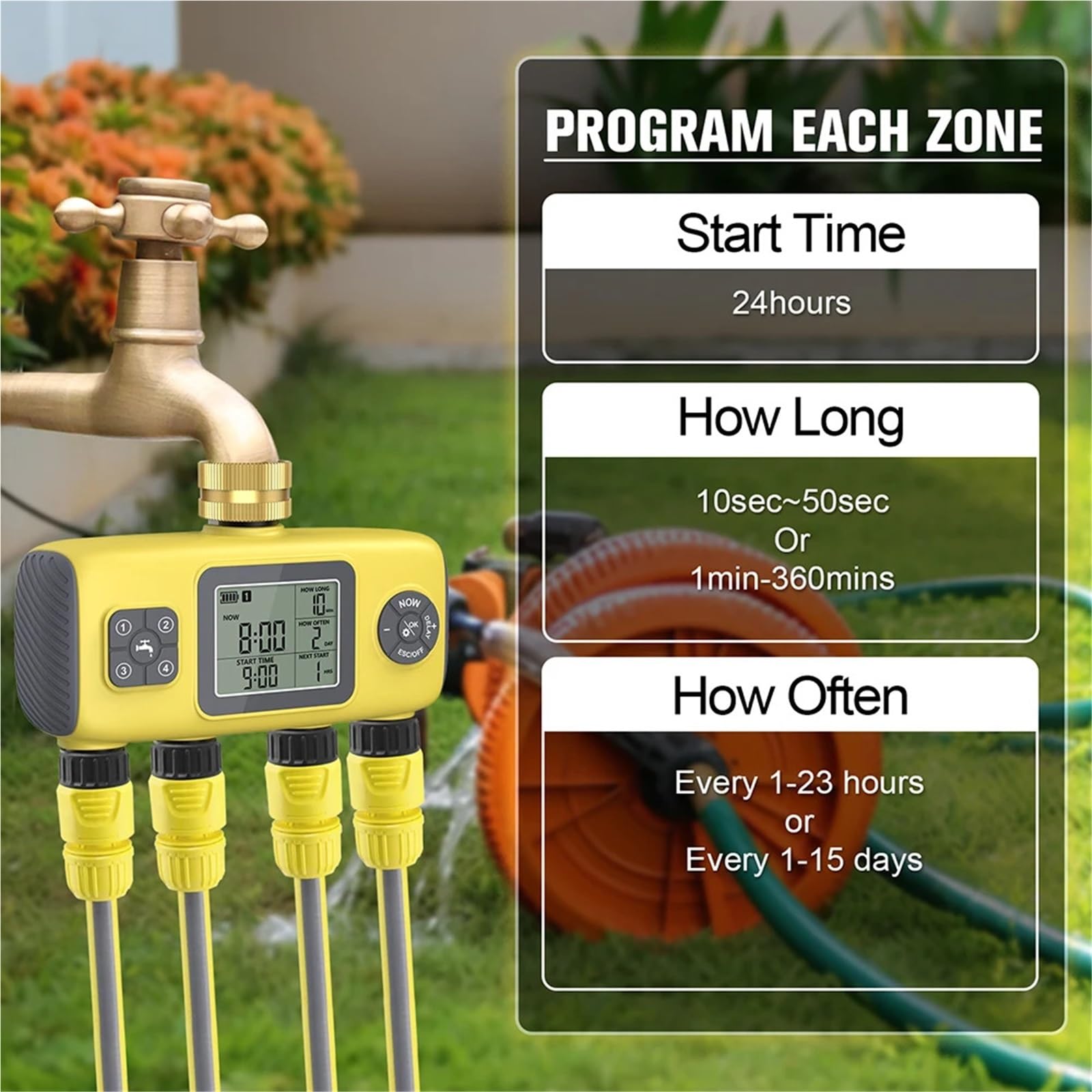 Timer acqua a 4 uscite Il più recente di irrigazione automatica da giardino a 4 zone Temporizzazione intelligente degli irrigatori for il controller di irrigazione del giardino