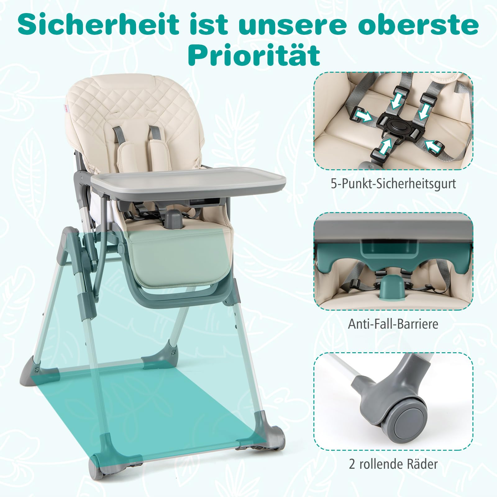 COSTWAY Wysokie krzesło dla niemowląt, składane, z funkcją leżenia i regulacją wysokości, mobilne krzesło dla niemowląt ze zdejmowaną tacą i pasem bezpieczeństwa, kombinowane krzesełko dla dzieci na 6