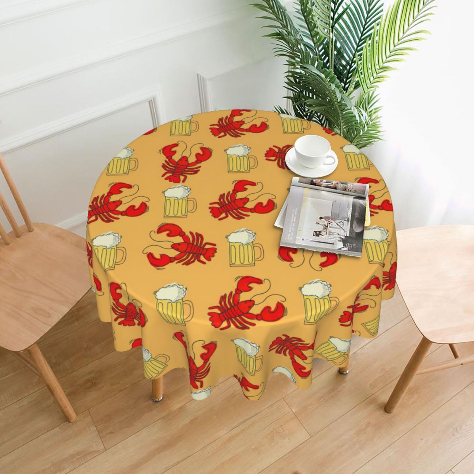 Zcmkjlg Beer and crawfish pattern Print Quick Ship Round Tablecloth 60in Polyester Washable Cover for Dining Room