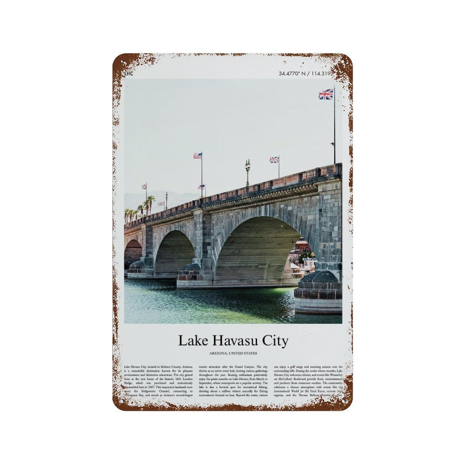 xiaoxiaoshen Lake Havasu City Arizona, United States, USA City Scenery Wall Decor Art Metal Tin Poster Modern Home Decor Art Home Bar Shop Decorations Vintage Sign 30x20cm