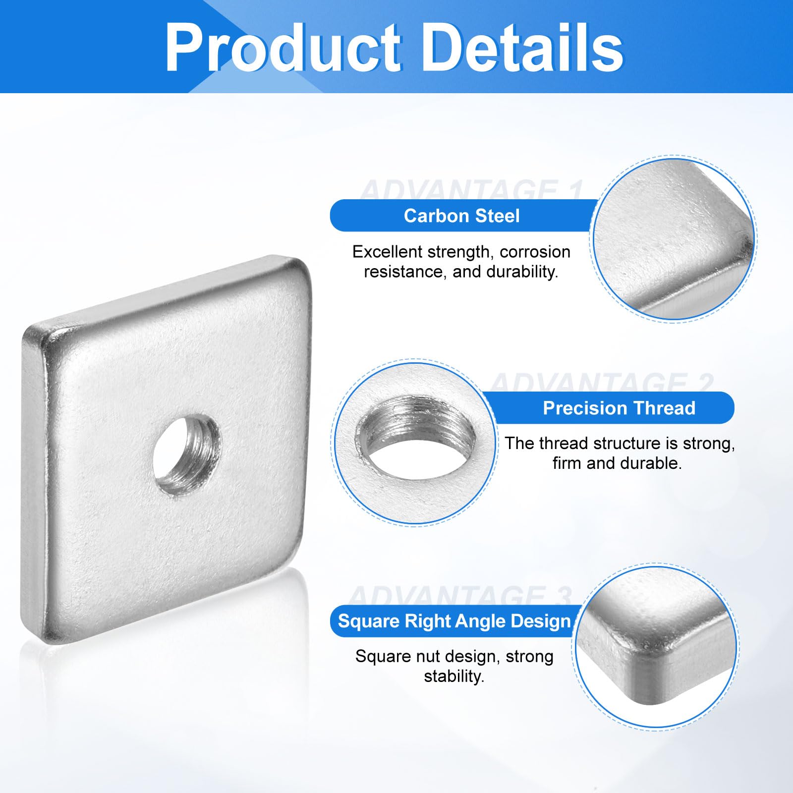sourcing map 25 tuercas cuadradas M8 x 30 mm x 5 mm, acero al carbono, chapado en zinc, tuercas cuadradas de rosca gruesa para reparaciones del hogar e ingeniería profesional, color plateado