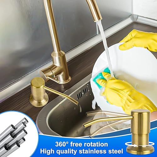 Miniatura 6 de Dispensador de jabón para fregadero de cocina, dispensador de jabón de acero inoxidable cepillado dorado con kit de tubo de extensión de 47 pulgadas