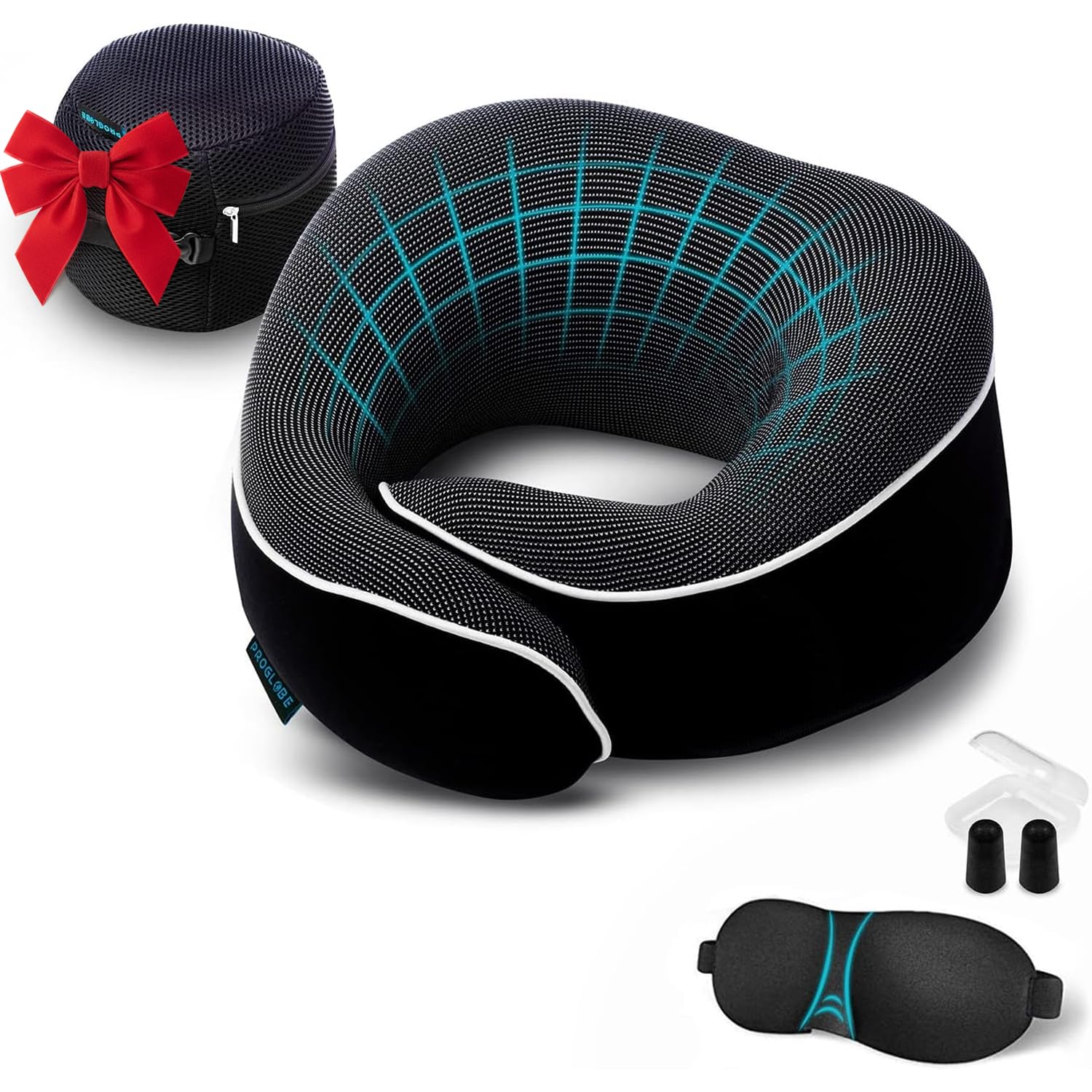 Proglobe Travel Pillow, Memory Foam Neck Pillow Set, Orthopedic Pillow, Travel Essentials for Flying, Kit with 3D Contoured Sleep Mask and Luxury Mesh Bag (Black)