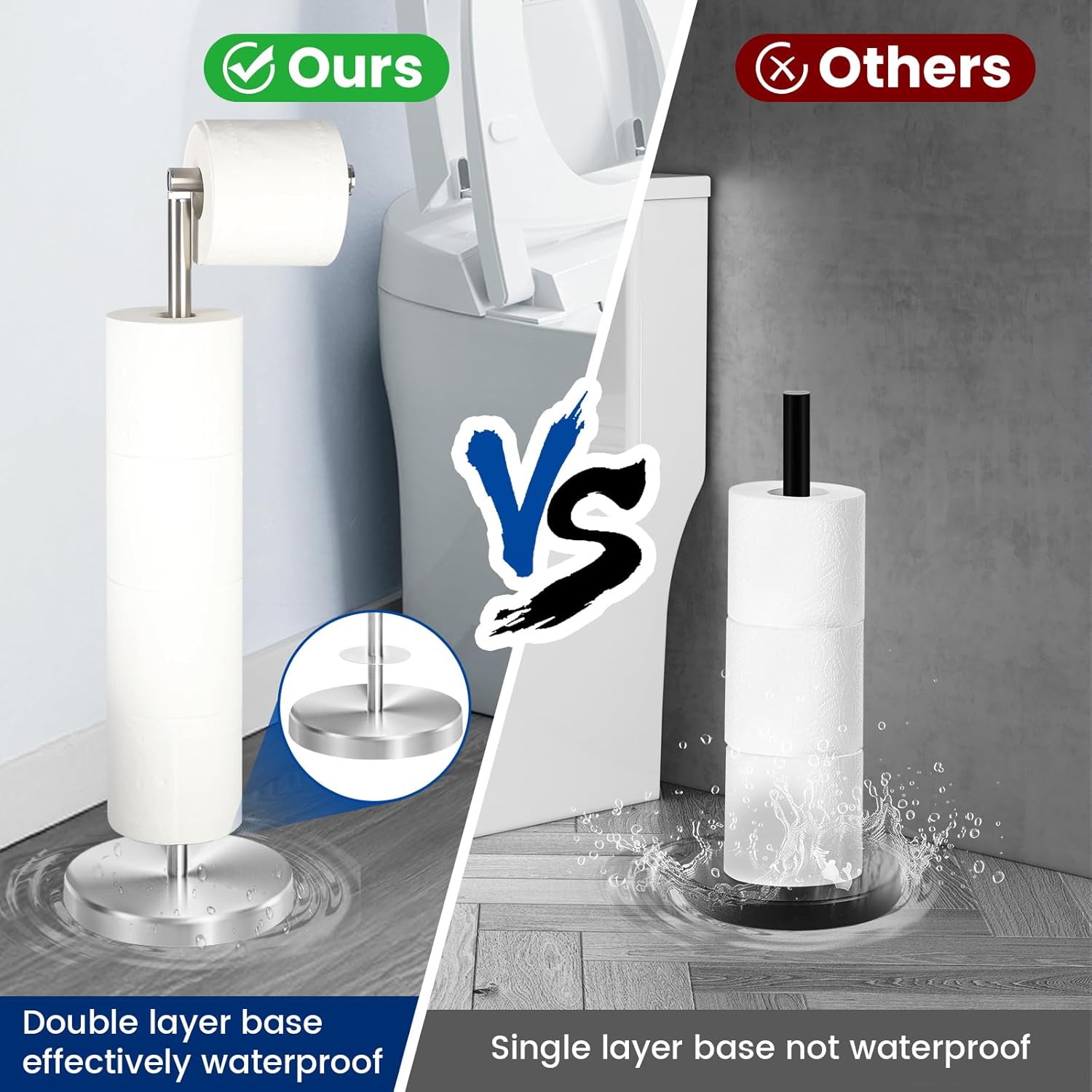 Toilet Paper Holder Stand, Stainless Steel Bathroom Toilet Paper Roll Holder Stand, Free Standing Toilet Paper Holder with Solid Weighted Base, Silver