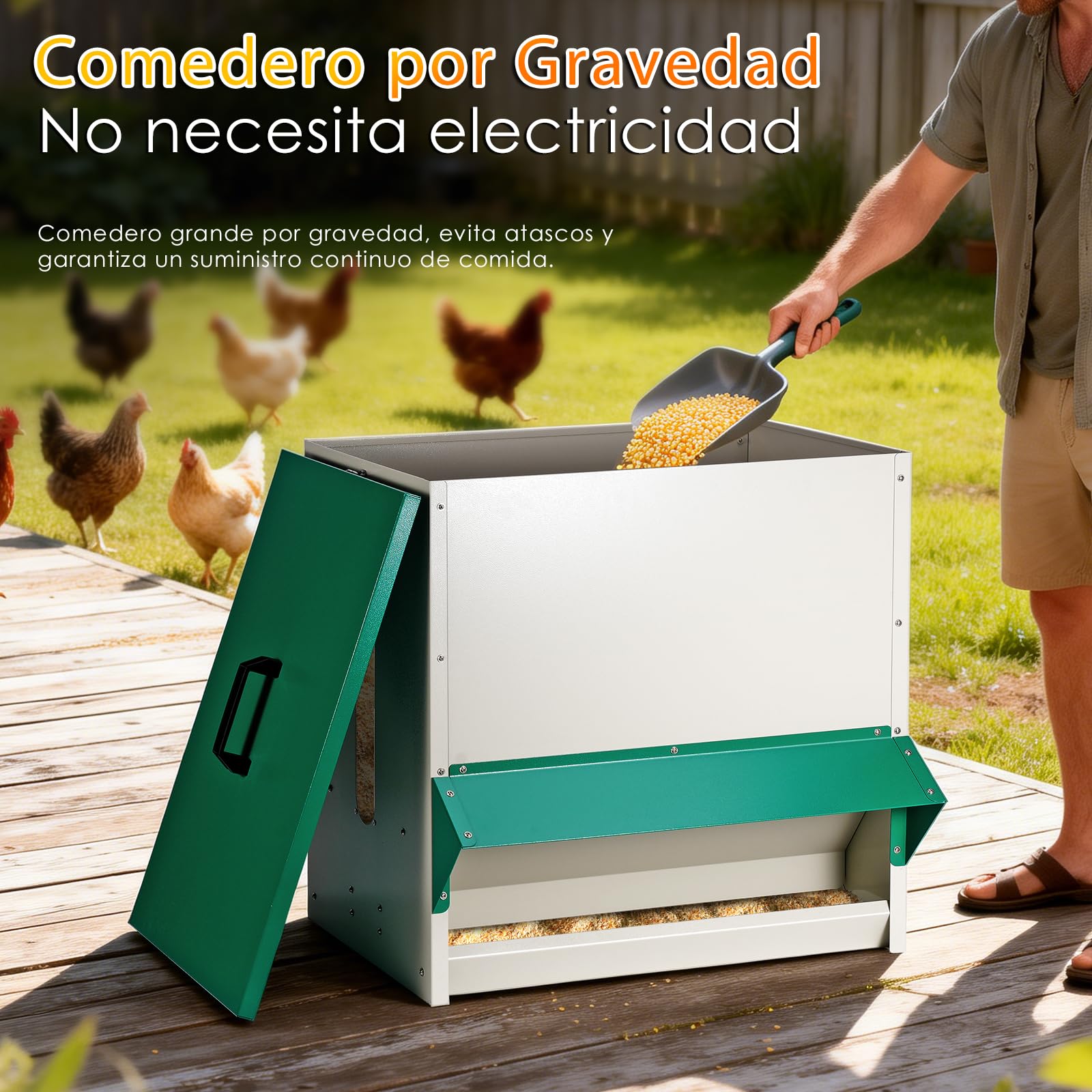 Comedero Gallinas Metalico 45kg Dispensador Automático, Alimentador Grande | Diseño Exterior Estable y Resistente a La Lluvia, Reduce La Carga de Trabajo