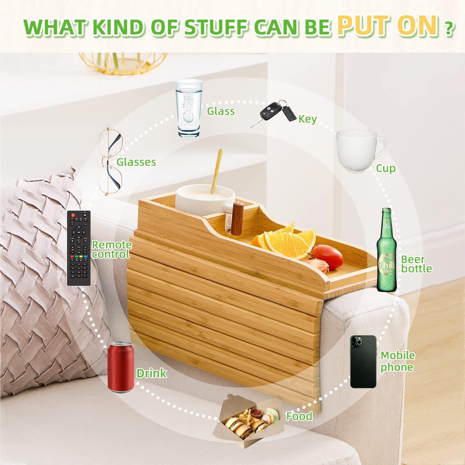Sofatablett Armlehne, Bambus Couch Tablett Couch Armlehnentisch mit Tassenmatten, Faltbarer Rutschfestes Sofa Tablett Sofa Armlehnenablage Sofa Armlehne Ablage für Snacks (Becherhalter Stil)
