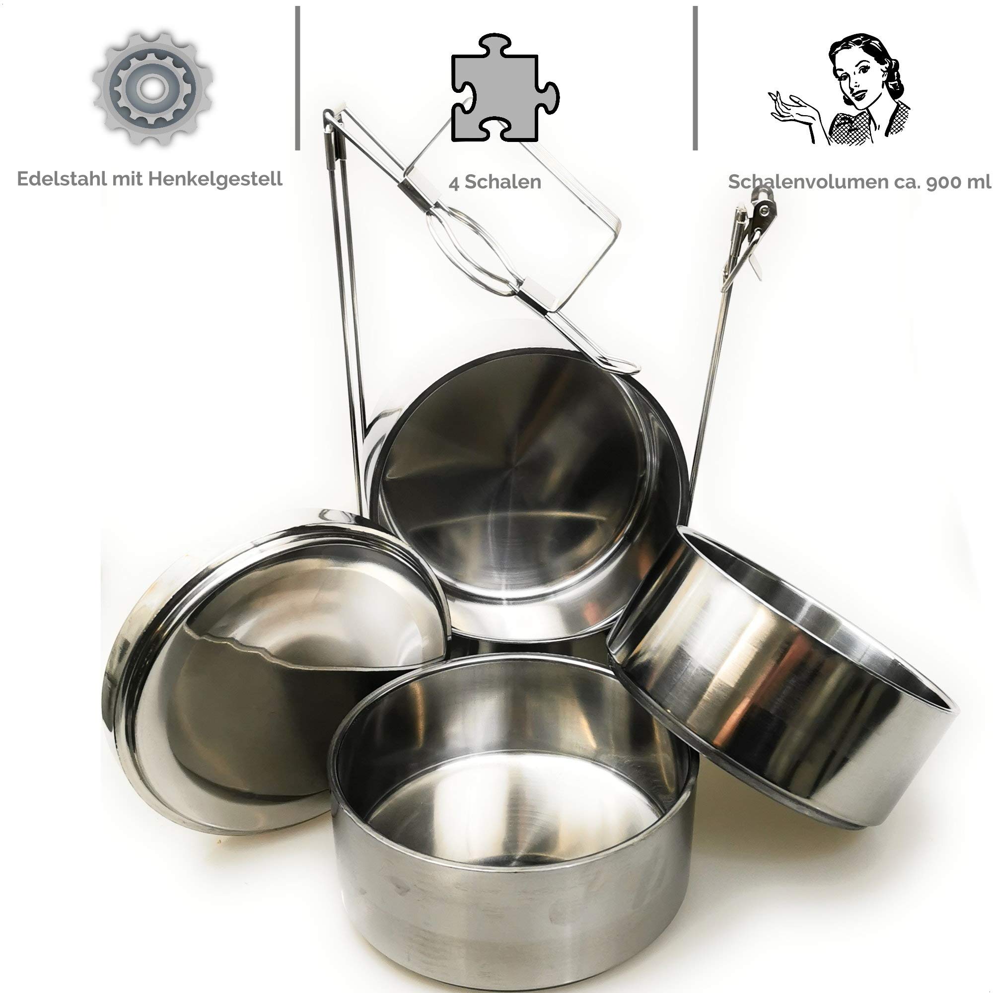 Kerafactum Essenträger Edelstahl Etagen Behälter Transportbehälter mit 3,6 Liter Volumen 4 Box für Essen ideal als Indian Lunchbox Speisenbehälter zum Warmhalten Wärmebehälter Henkelmann