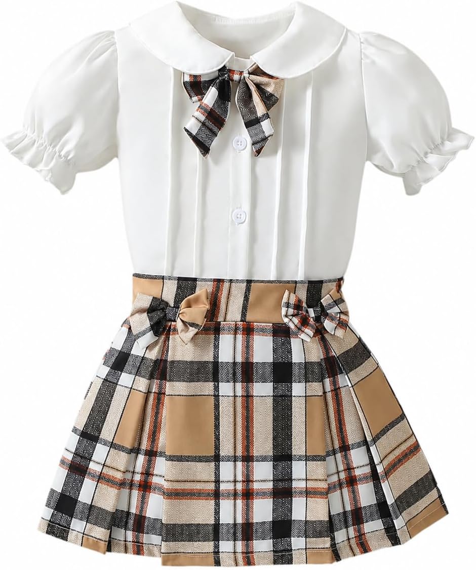 ChuYuKu Toddler Girl Summer Outfit School Uniform Set Preppy Style Blouse Pleated Skirt 2PCS Casual Daily Holiday Clothes
