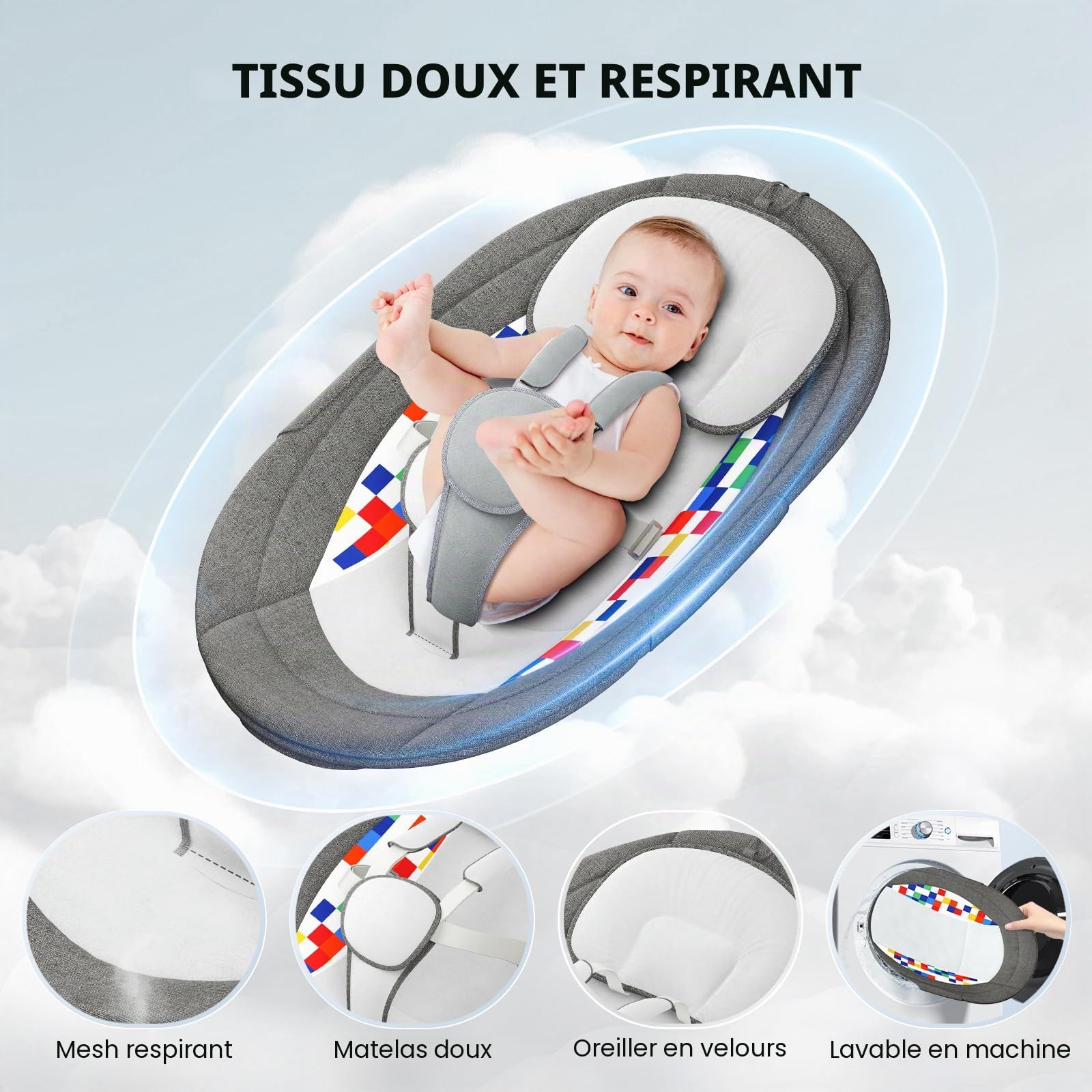 Transat Bébé Electrique, APP et Télécommande Balancelle Bébé Dès La Naissance à 9kg, Harnais à 5-Points Amélioré Balançoire pour Bebe Avec 3 minuteries, 5 vitesses et 10 Mélodies (0-9 Mois)