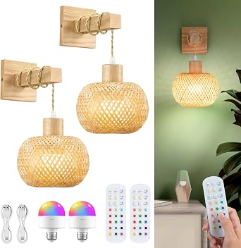 Battery Operated Wall Sconce with Remote Set of 2, Rechargeable Boho Wall Sconces with Bulbs, 3CCT+12RGB Dimmable Woven Bamboo Wall Light/Lamp for Bedroom Home Decor