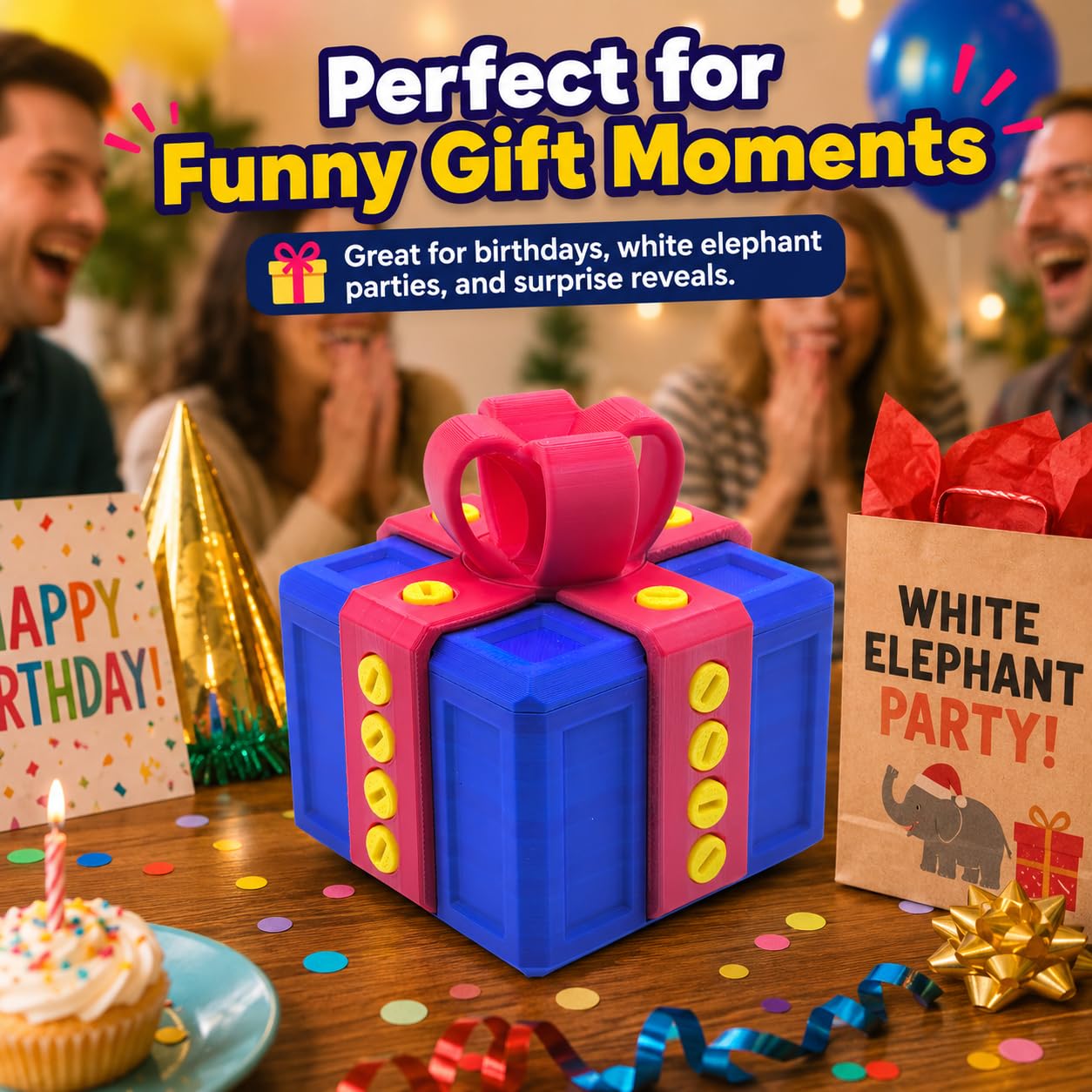 3.14" Annoying Gift Box, The Annoying Present, Prank Box with Screw, 3D Printed Annoying Gift Box, 3D Printed Hilarious Money Card Container (Blue Box with Red)
