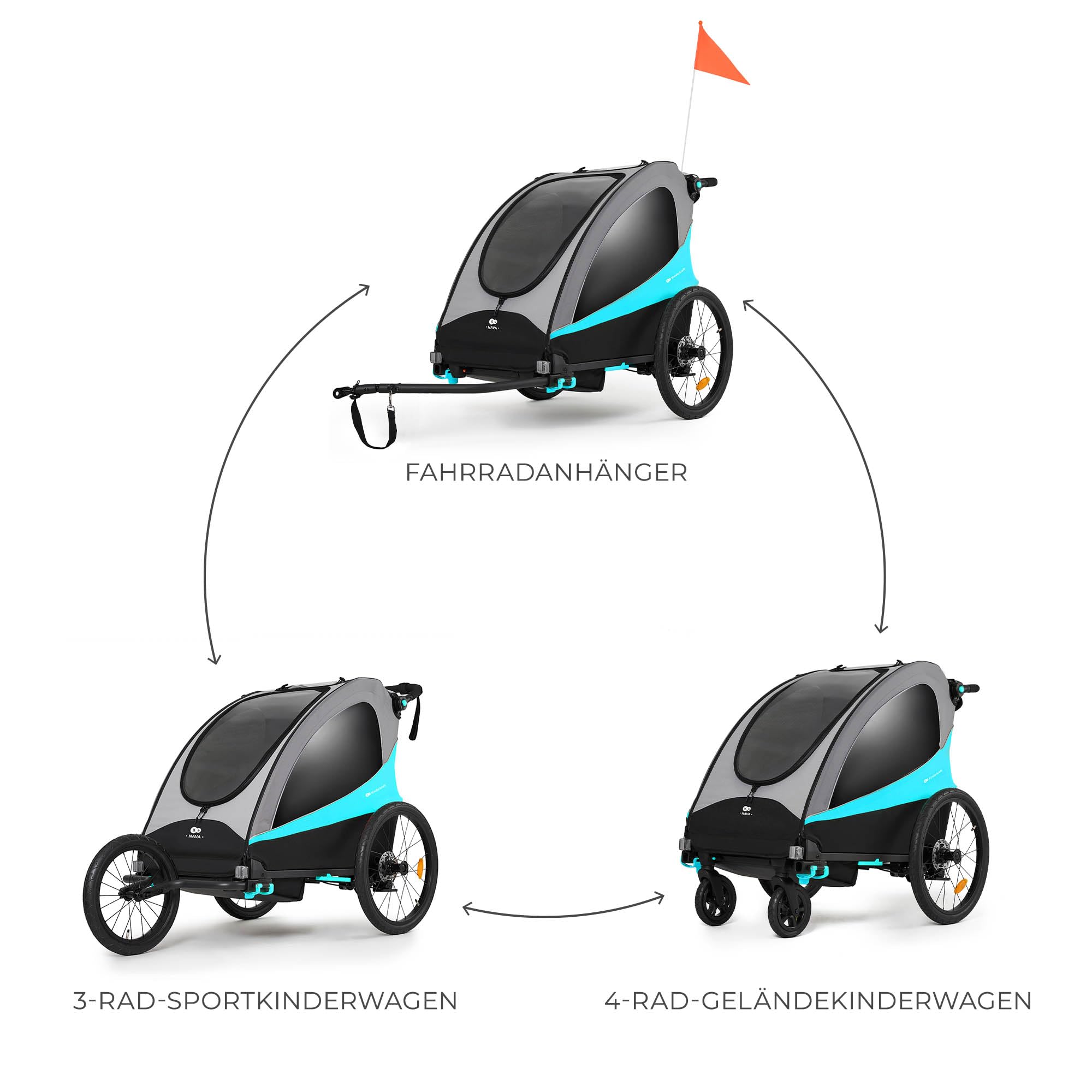 Kinderkraft NAVA 3in1 Kinderwagen Laufwagen Fahrradanhänger für zwei Kinder bis 44 kg Aluminiumrahmen Blau