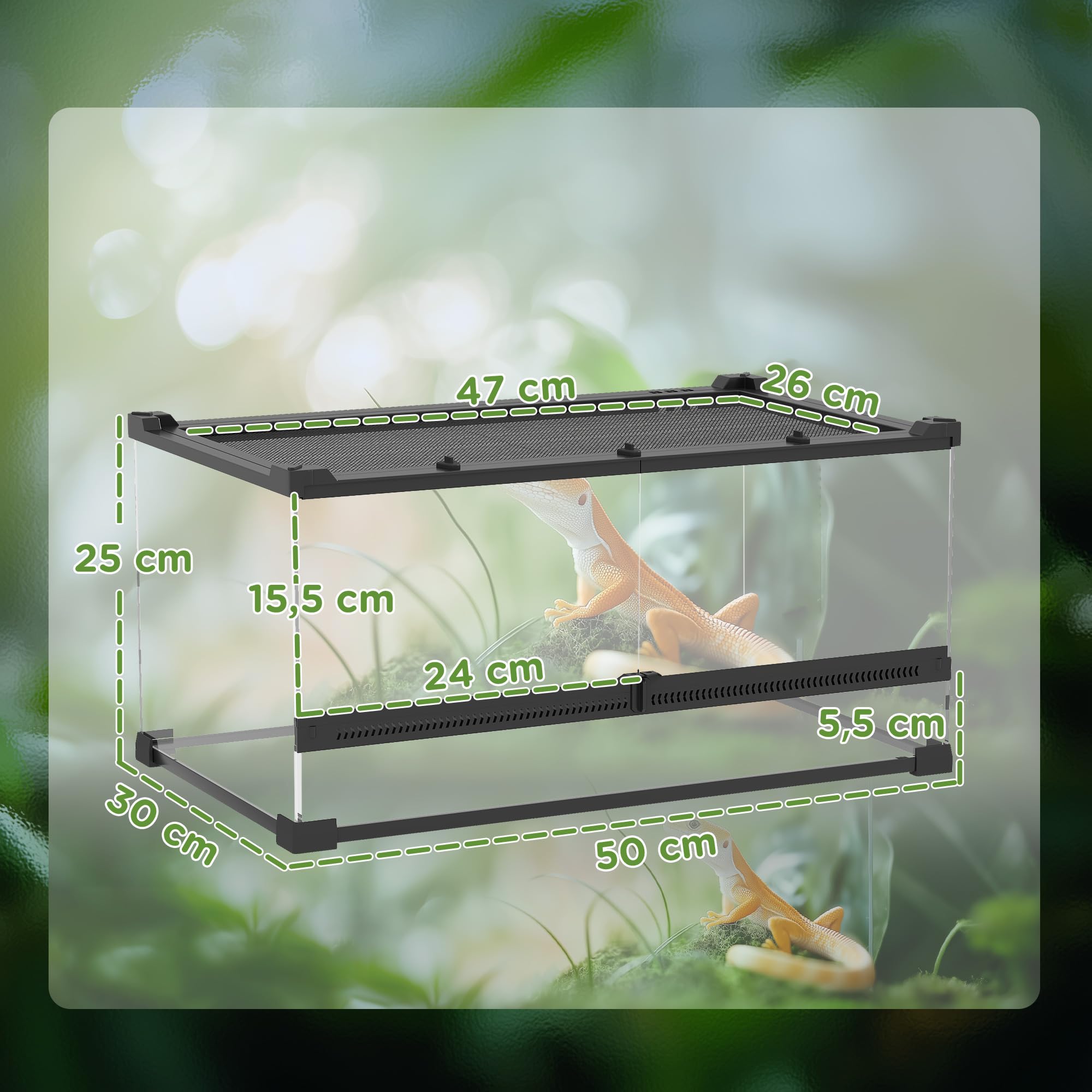 PawHut Terrarium dla gadów, szklane sterrarium 34 l, pudełko na karmienie gadów, z przednią wentylacją, odporne na wybicie zamknięcie obrotowe dla pająków, czarne, 50 x 30 x 25 cm