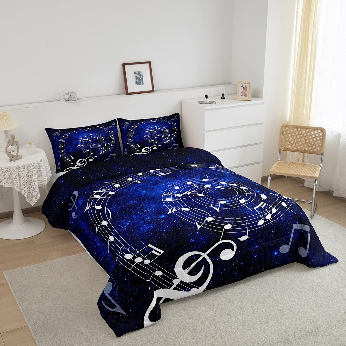 Music Note Swirl Full Size Comforter Set Blue Starry Sky Bedding Set for Kids Adults Teens Music Stave Comforter Luxury Guitar Piano Quilt Set Room Decor 3Pcs