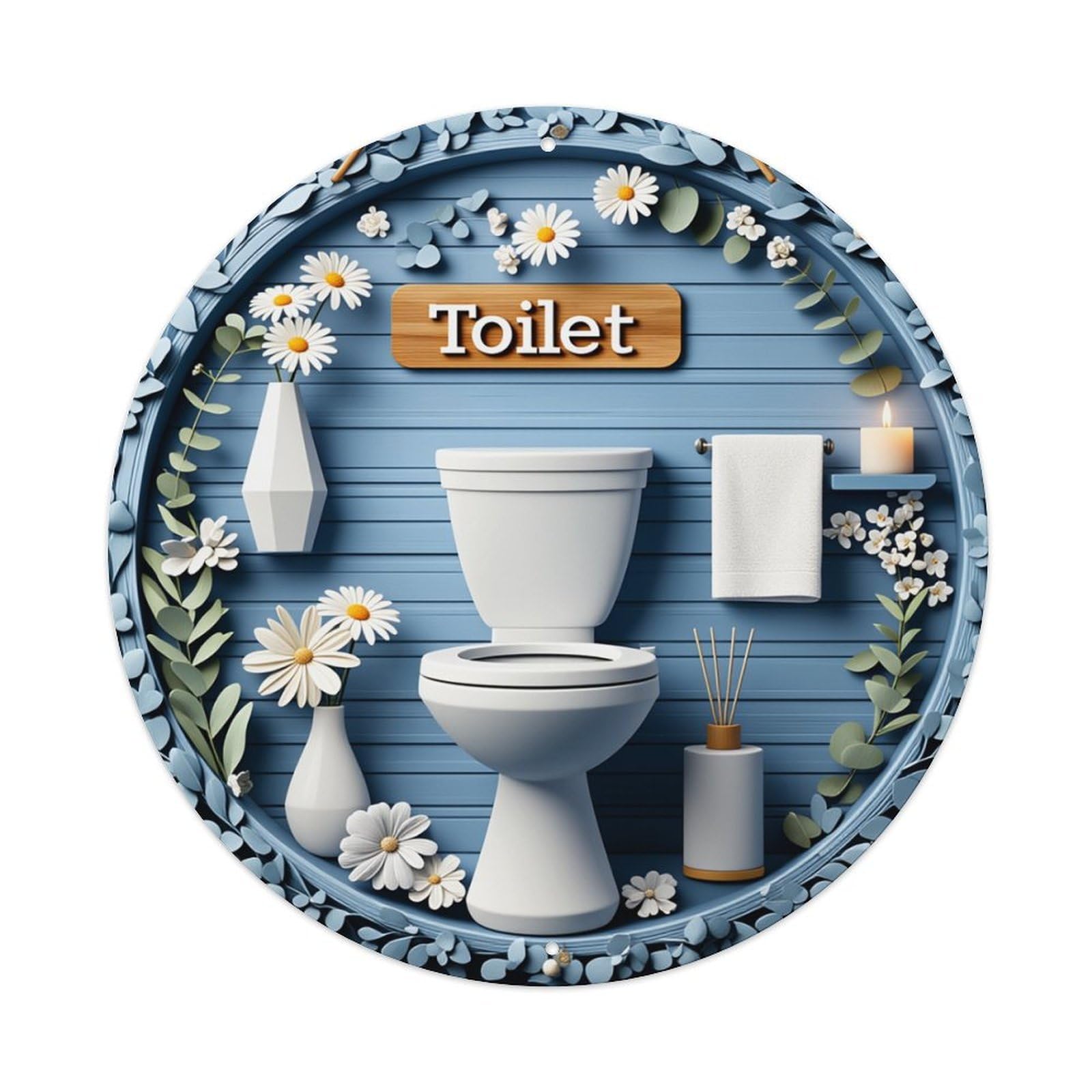 Floral Blue Toilet Round Tin Sign Retro Metal Sign for Cafe Bar Pub Home Game Room Gym Club Wall Decoration Vintage Metal Poster 8x8 Inch