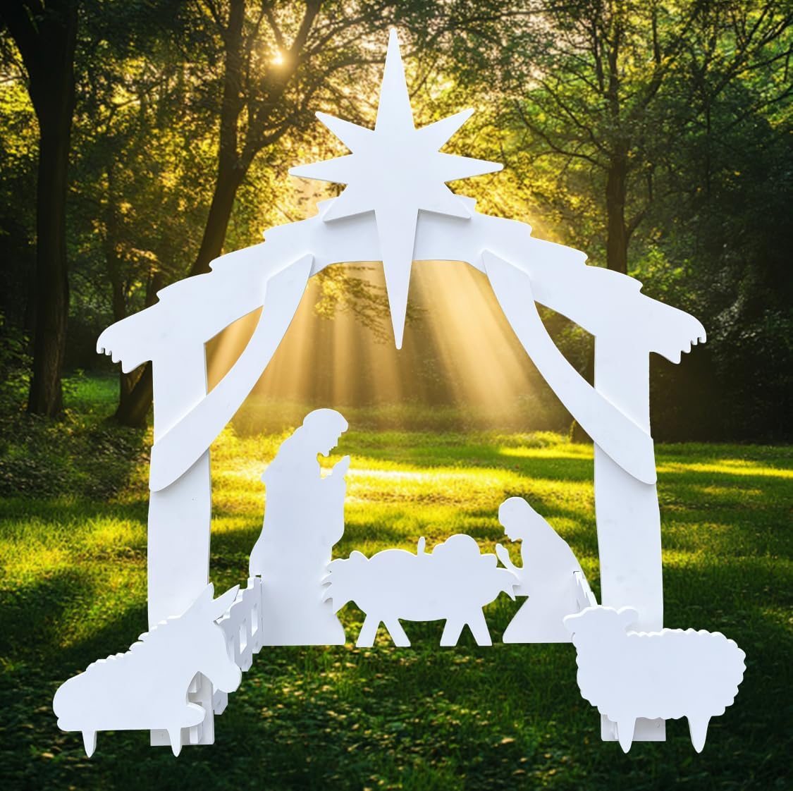 All-Weather 4ft Outdoor Nativity Scene, Waterproof Christmas Outdoor Decor & Yard Nativity Set, Easy Assemble Holy Family Holiday Decoration - White