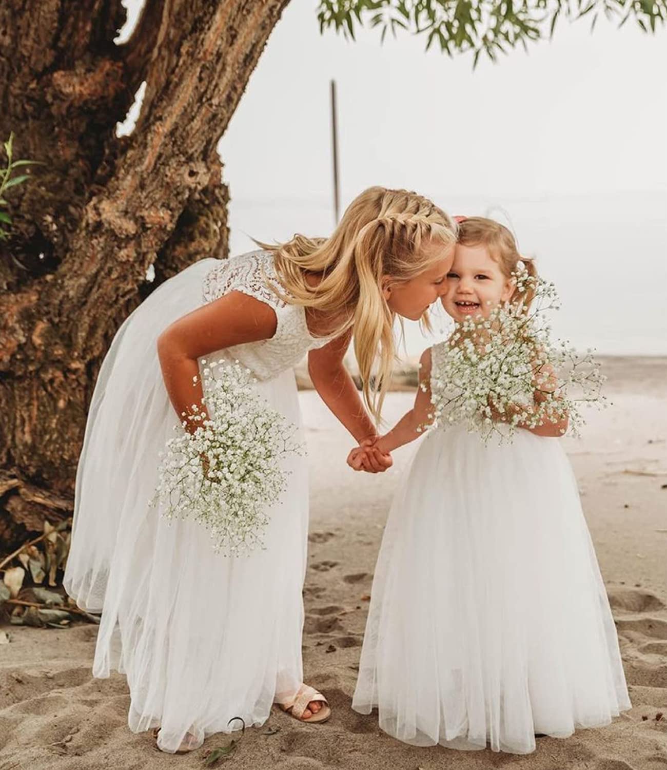 Vestido de fiesta para niñas de encaje con espalda en V, sin mangas, mullido, tul, vestido de fiesta de princesa, vestido de fiesta de flores