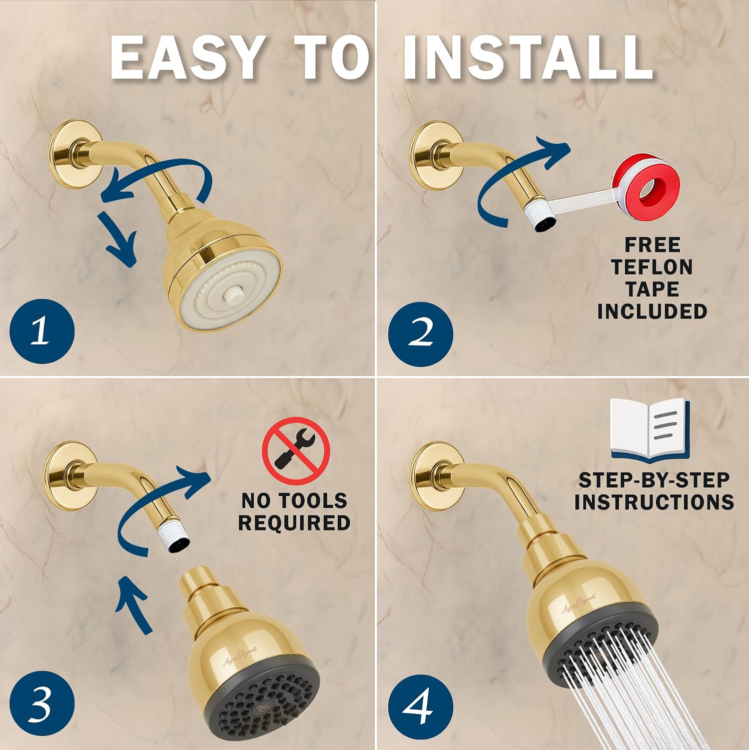 Aqua Elegante High Pressure Shower Head - Best 3 Inch Wall Mount Bathroom Showerhead For Boosting Low Flow With Anti-Clog Nozzles & Adjustable Brass Ball Joint - 2.5 GPM - Polished Brass