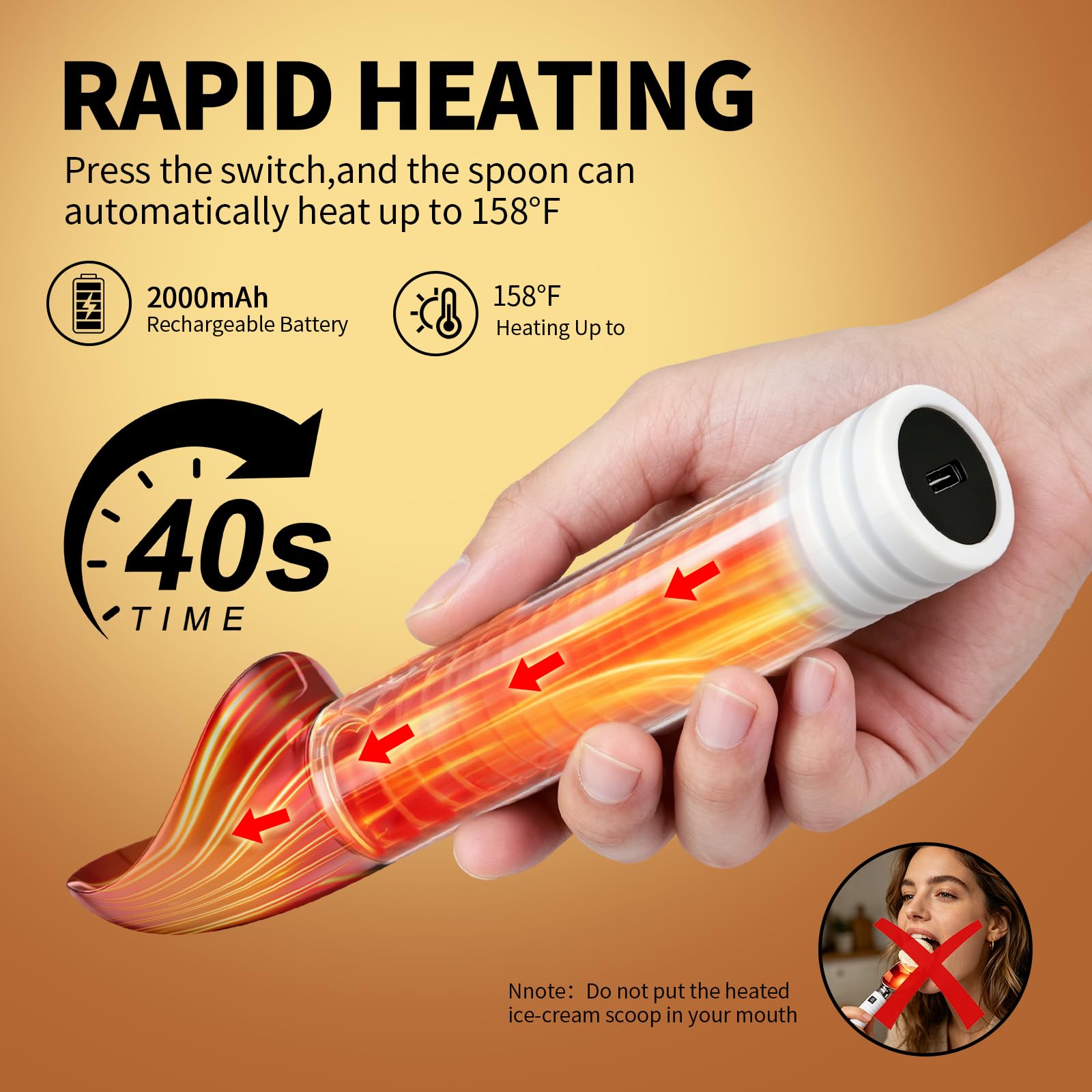 Paletta per Gelato Riscaldata,Cucchiaio per Gelato Riscaldabile Elettrico con 2 Livelli di Calore 55/70°C Display LED Porzionatore per Gelato Riscaldato per Gelato Duro Artigianale,Impermeabile IP68