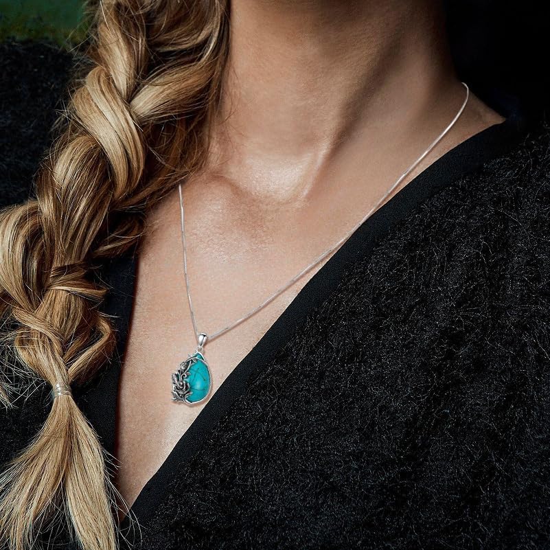 Genuine Turquoise Teardrop Pendant Necklace with Rose, Sterling Silver Boho Native Western Jewelry Birthdays Gift for Women - Image 2