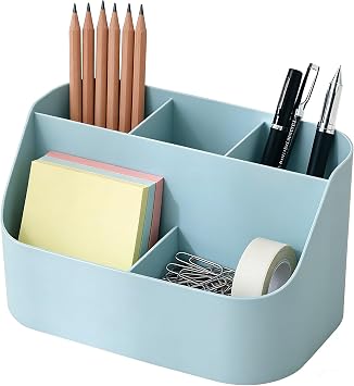 Pen Holder Desk Organizer Office Storage Desktop Organizers and Accessories Home Organizer Bedside Table Organizer Makeup Organizer, Pencil Holder with 5 Compartments Blue