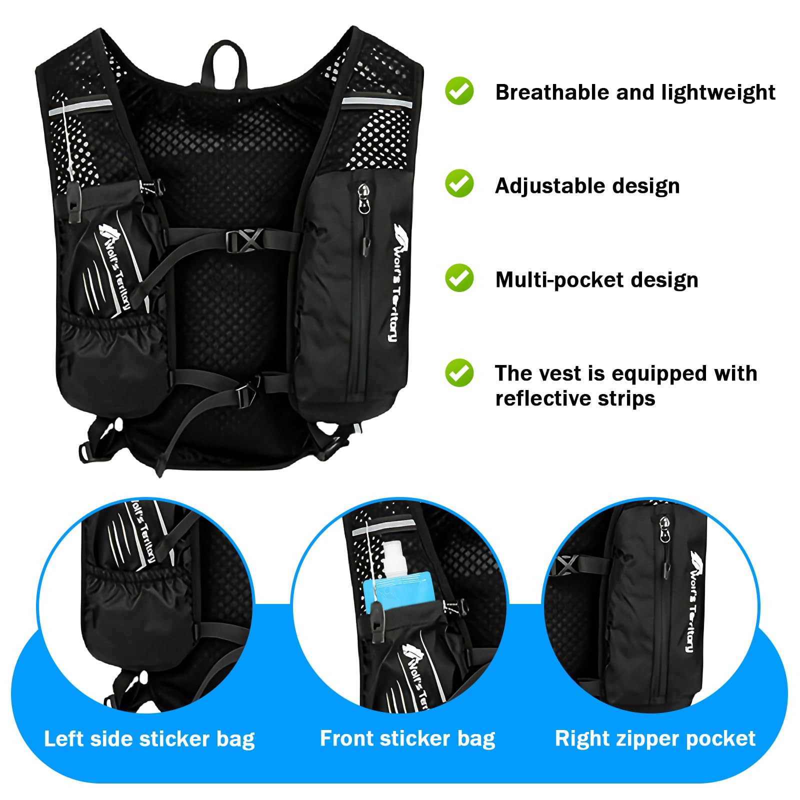 Gilet de course pour homme et femme - Imperméable - Réfléchissant - Avec 2 bouteilles d'eau de 480 ml - Gilet d'hydratation réglable - Pour la course à pied, les marathons, le cyclisme, la