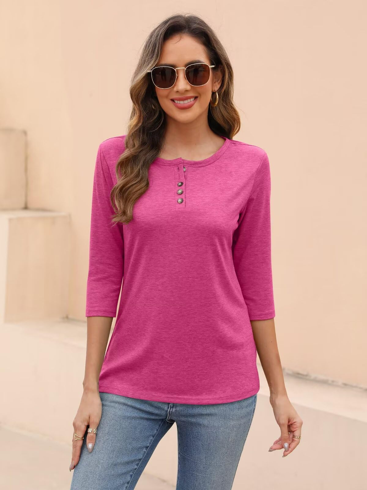 EADINVE Camiseta básica de manga 3/4 con cuello redondo para mujer, con botones, holgada, bonita, tipo túnica, sin botones