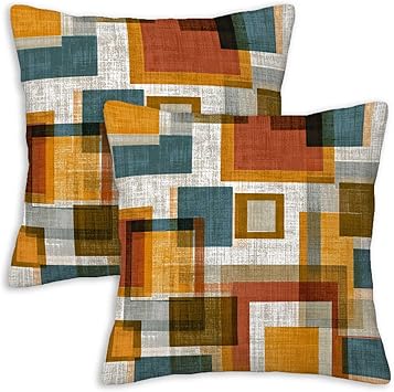 Retro Geometric Color Block Throw Pillow Covers 18x18 Inch, Set of 2 | Mid-Century Modern Square Cushion Cases for Couch Sofa Bedroom | 70s Vintage Home Decor, Decorative Pillowcases
